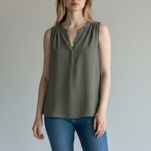 Calvin Klein Sleeveless Pleat Neck Embellished Top NWT Women's Sz S Tin Sleek